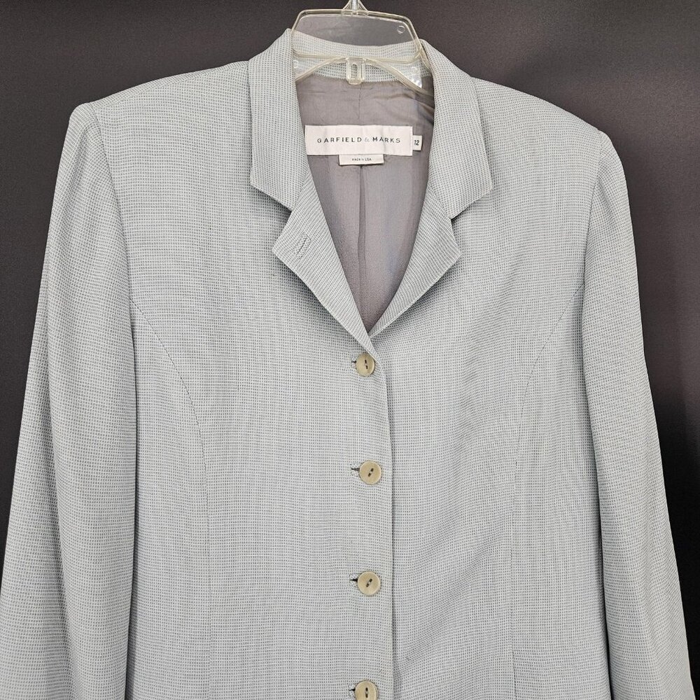 Garfield Marks Blazer Jacket Suit Women 12 Gray Button Micro Check USA Office - Picture 2 of 16